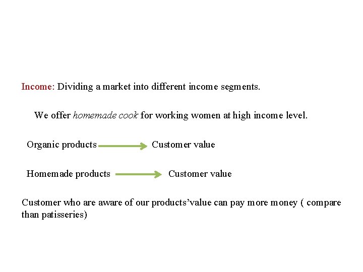 Income: Dividing a market into different income segments. We offer homemade cook for working