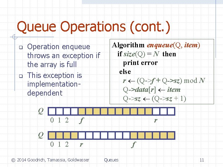 Queue Operations (cont. ) q q Operation enqueue throws an exception if the array
