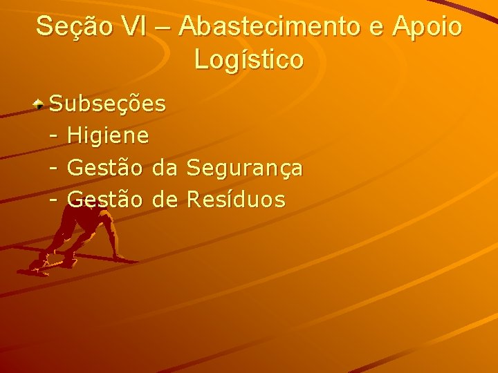 Seção VI – Abastecimento e Apoio Logístico Subseções - Higiene - Gestão da Segurança