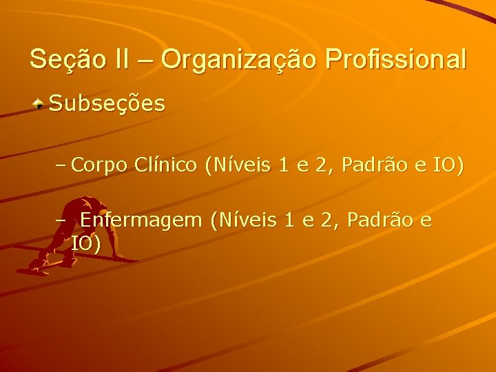 Seção II – Organização Profissional Subseções – Corpo Clínico (Níveis 1 e 2, Padrão