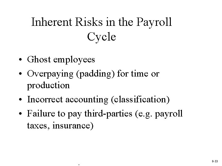 Inherent Risks in the Payroll Cycle • Ghost employees • Overpaying (padding) for time