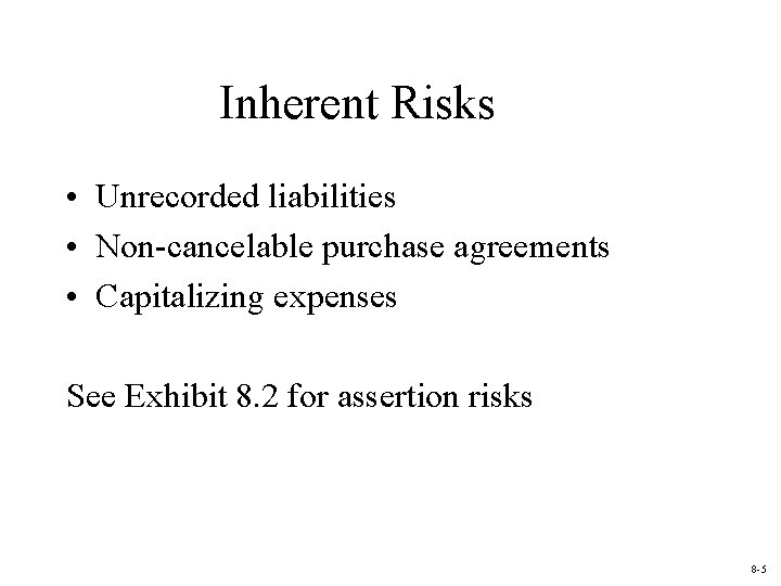 Inherent Risks • Unrecorded liabilities • Non-cancelable purchase agreements • Capitalizing expenses See Exhibit