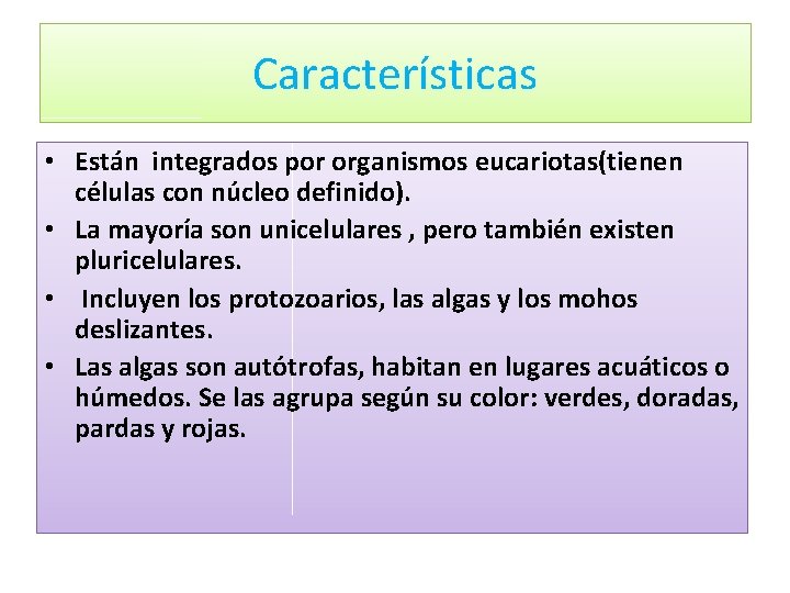 Características • Están integrados por organismos eucariotas(tienen células con núcleo definido). • La mayoría