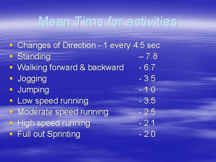 Mean Time for activities § § § § § Changes of Direction - 1