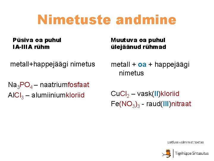 Nimetuste andmine Püsiva oa puhul IA-IIIA rühm metall+happejäägi nimetus Na 3 PO 4 –