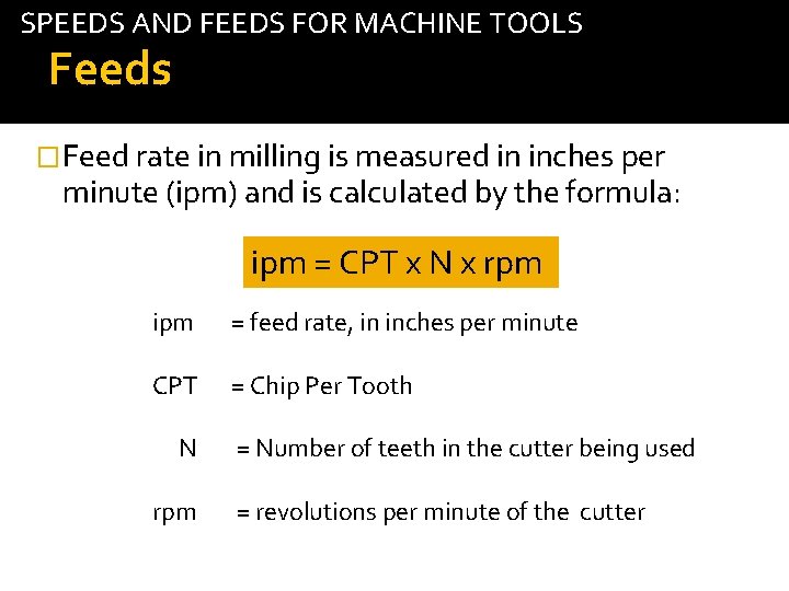 SPEEDS AND FEEDS FOR MACHINE TOOLS Feeds �Feed rate in milling is measured in