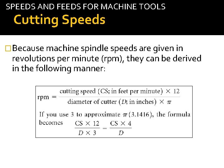 SPEEDS AND FEEDS FOR MACHINE TOOLS Cutting Speeds �Because machine spindle speeds are given