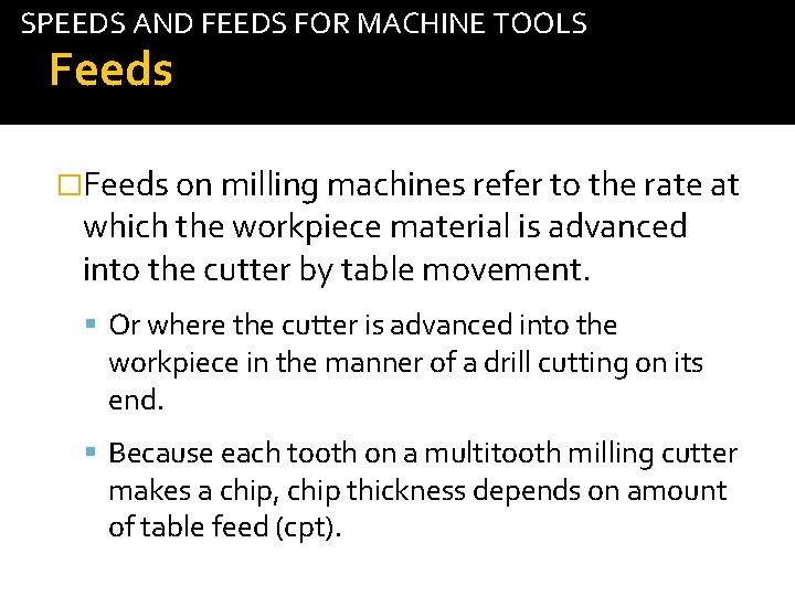 SPEEDS AND FEEDS FOR MACHINE TOOLS Feeds tab �Feeds on milling machines refer to