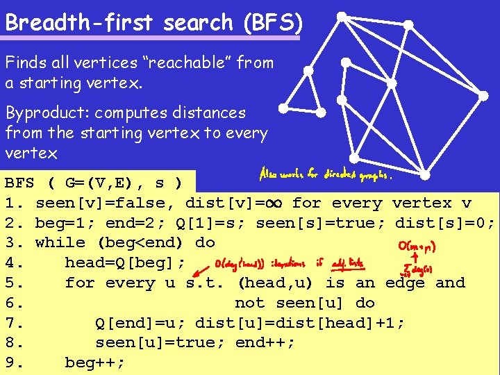 Breadth-first search (BFS) Finds all vertices “reachable” from a starting vertex. Byproduct: computes distances