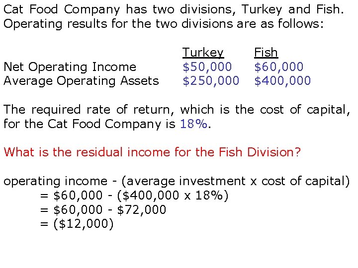 Cat Food Company has two divisions, Turkey and Fish. Operating results for the two