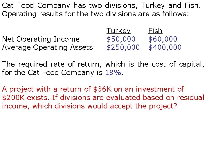 Cat Food Company has two divisions, Turkey and Fish. Operating results for the two