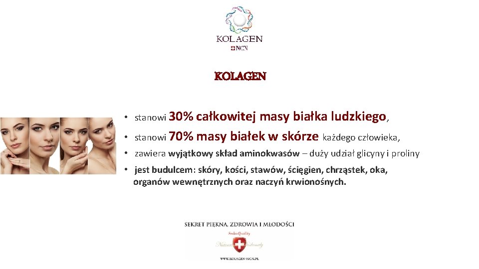 KOLAGEN • stanowi 30% • całkowitej masy białka ludzkiego, stanowi 70% masy białek w