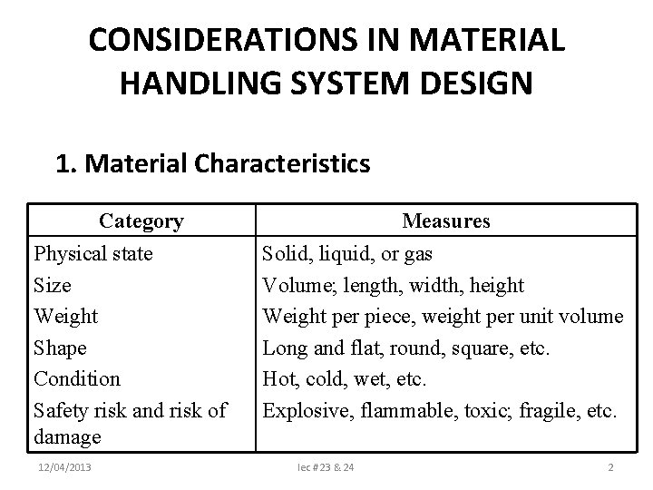 CONSIDERATIONS IN MATERIAL HANDLING SYSTEM DESIGN 1. Material Characteristics Category Physical state Size Weight