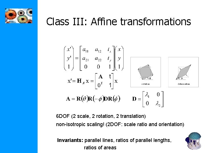 Class III: Affine transformations 6 DOF (2 scale, 2 rotation, 2 translation) non-isotropic scaling!