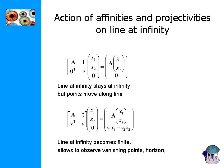 Action of affinities and projectivities on line at infinity Line at infinity stays at