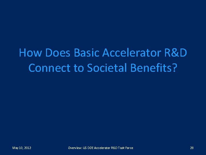 How Does Basic Accelerator R&D Connect to Societal Benefits? May 10, 2012 Overview: US