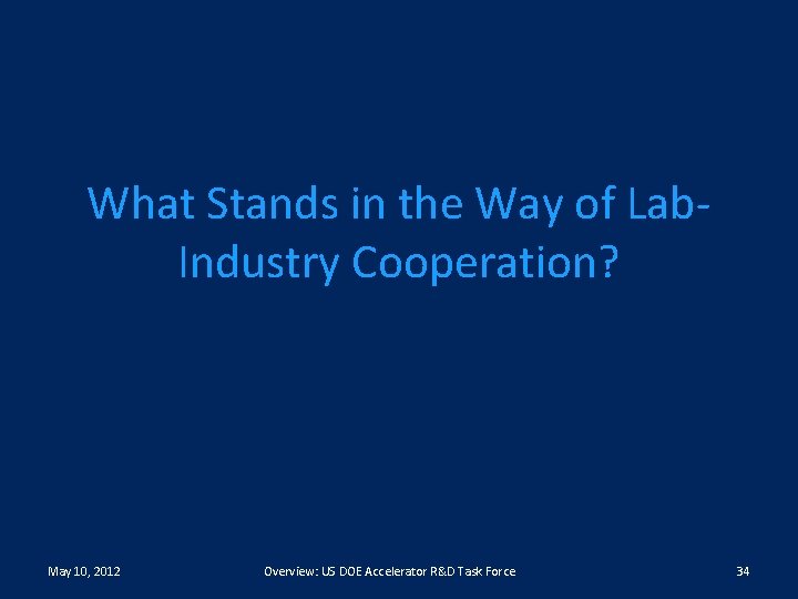 What Stands in the Way of Lab. Industry Cooperation? May 10, 2012 Overview: US