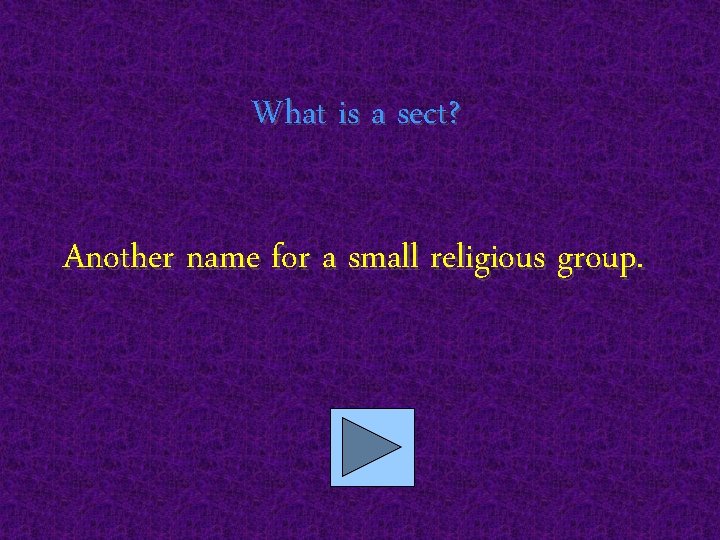 What is a sect? Another name for a small religious group. 