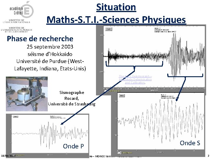 Situation Maths-S. T. I. -Sciences Physiques Phase de recherche 25 septembre 2003 séisme d'Hokkaido