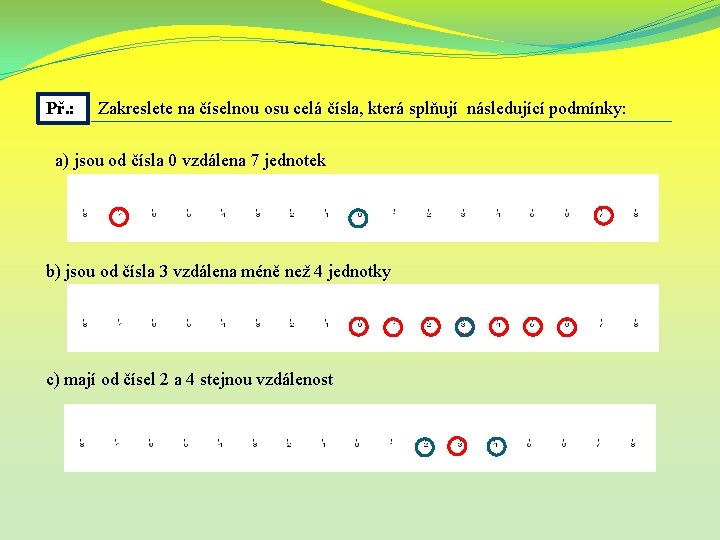 Př. : Zakreslete na číselnou osu celá čísla, která splňují následující podmínky: a) jsou