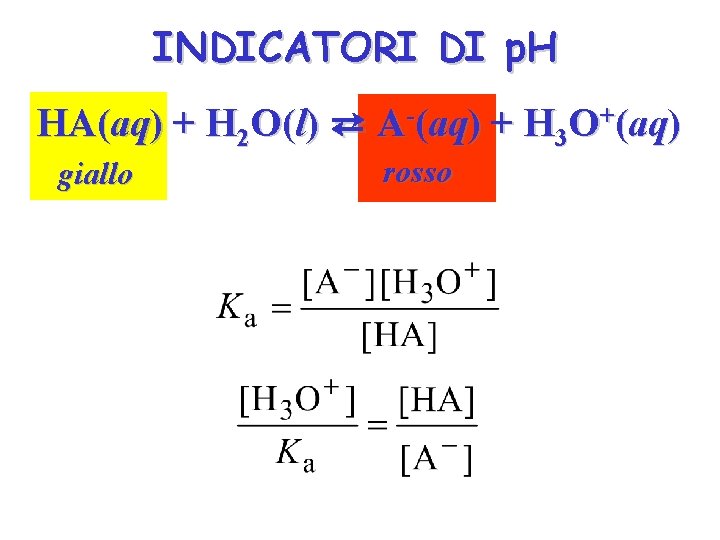 INDICATORI DI p. H HA(aq) + H 2 O(l) ⇄ A-(aq) + H 3