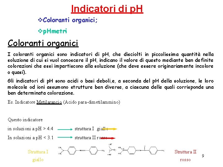 Indicatori di p. H v. Coloranti organici; vp. Hmetri Coloranti organici I coloranti organici