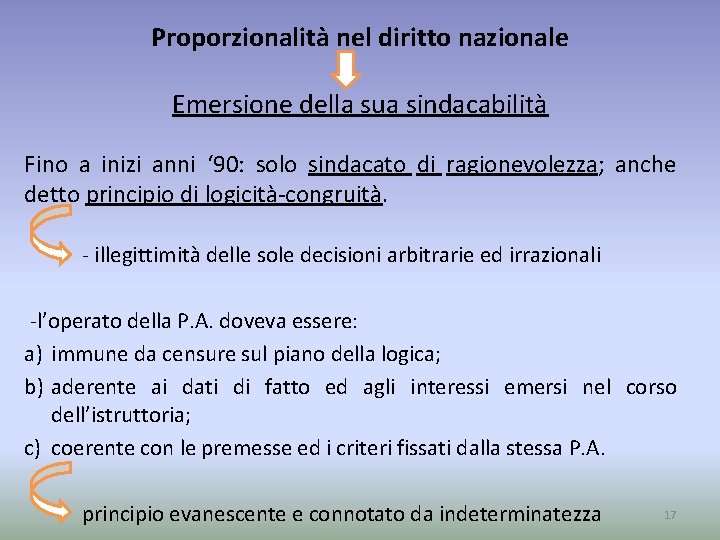 Proporzionalità nel diritto nazionale Emersione della sua sindacabilità Fino a inizi anni ‘ 90: