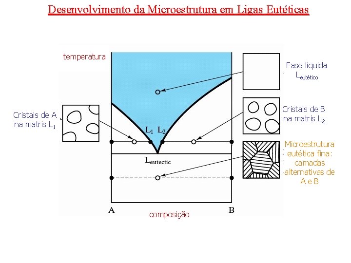 Desenvolvimento da Microestrutura em Ligas Eutéticas temperatura Fase líquida Leutético Cristais de B na