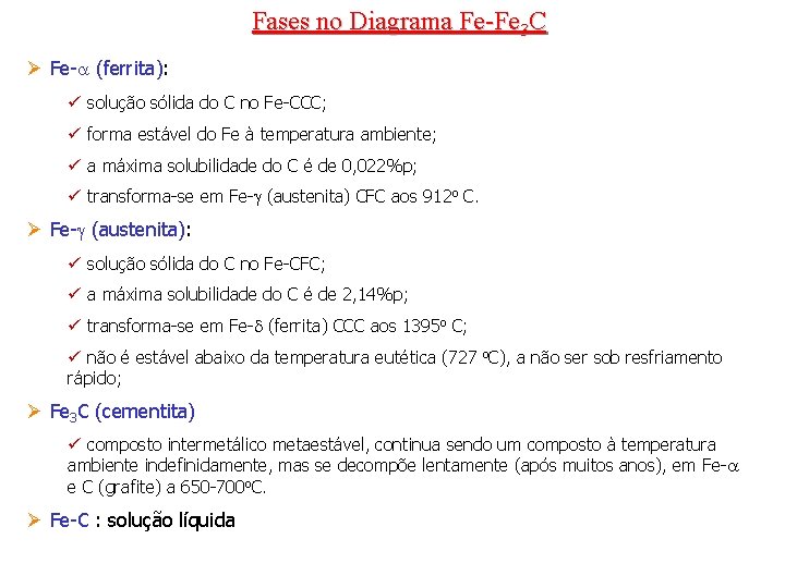 Fases no Diagrama Fe-Fe 3 C Ø Fe- (ferrita): ü solução sólida do C