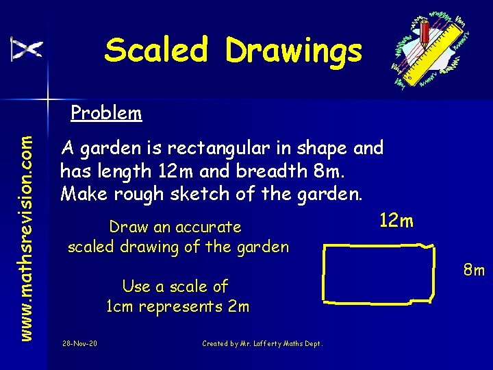 Scaled Drawings www. mathsrevision. com Problem A garden is rectangular in shape and has