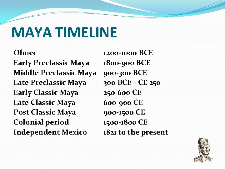 MAYA TIMELINE Olmec Early Preclassic Maya Middle Preclassic Maya Late Preclassic Maya Early Classic