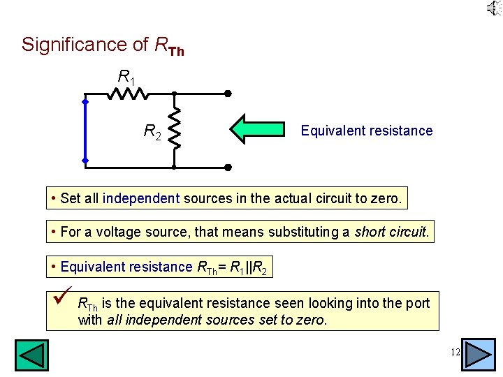 Significance of RTh R 1 Vo R 2 Equivalent resistance • Set all independent