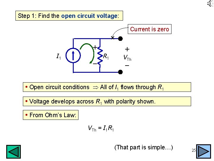 Step 1: Find the open circuit voltage: Current is zero + I 1 –