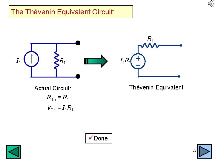 The Thévenin Equivalent Circuit: R 1 I 1 R 1 Thévenin Equivalent Actual Circuit: