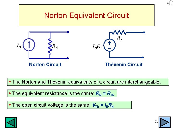 Norton Equivalent Circuit RN IN RN Norton Circuit. INRN Thévenin Circuit. • The Norton