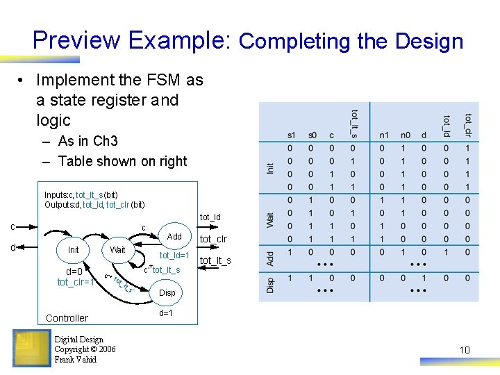 Preview Example: Completing the Design • Implement the FSM as a state register and