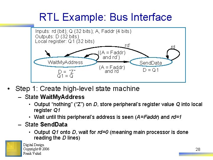RTL Example: Bus Interface Inputs: rd (bit); Q (32 bits); A, Faddr (4 bits)