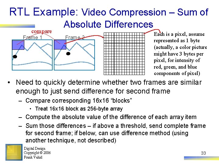 RTL Example: Video Compression – Sum of compare Frame 1 Absolute Differences Frame 2