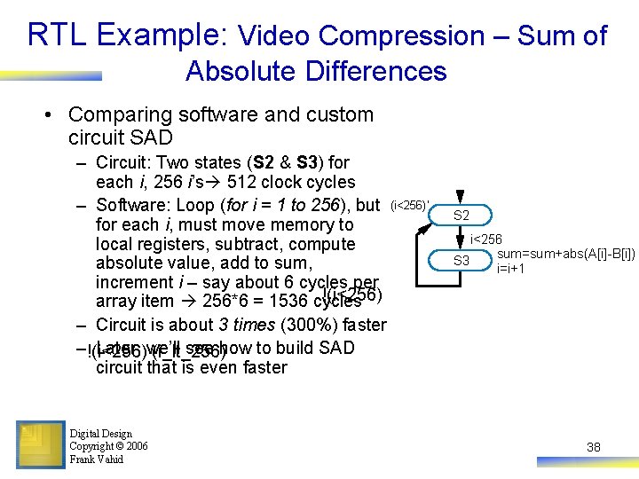 RTL Example: Video Compression – Sum of Absolute Differences • Comparing software and custom