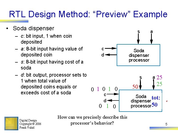 RTL Design Method: “Preview” Example • Soda dispenser – c: bit input, 1 when