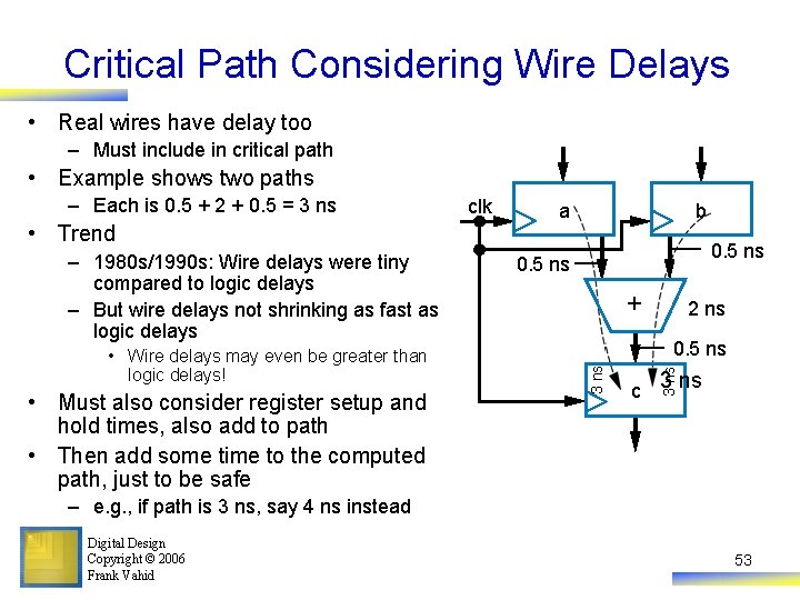 Critical Path Considering Wire Delays • Real wires have delay too – Must include