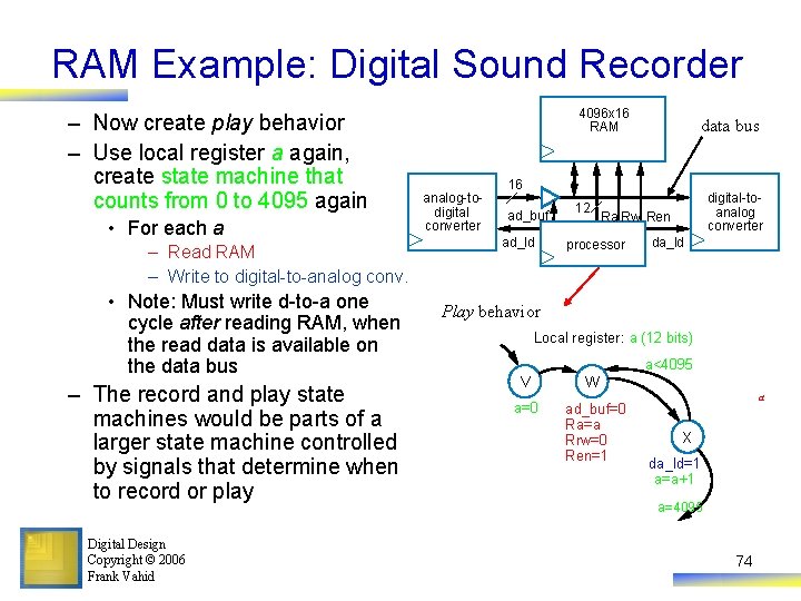 RAM Example: Digital Sound Recorder – Now create play behavior – Use local register