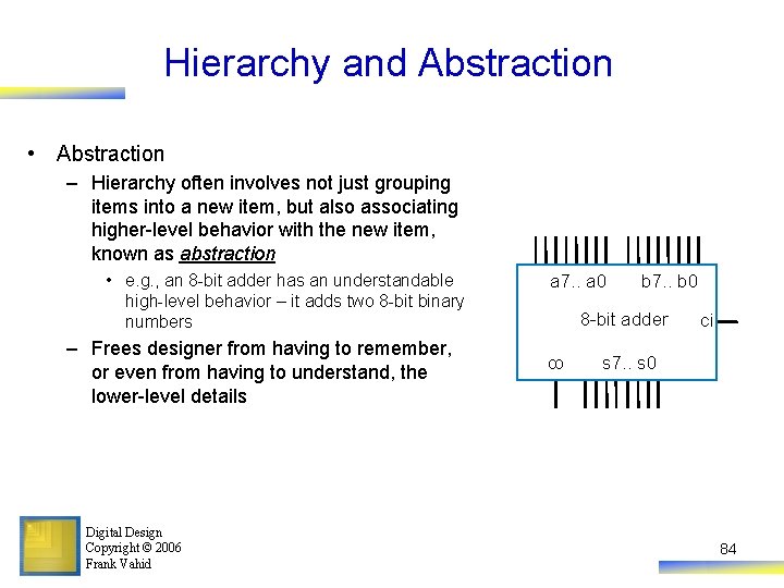 Hierarchy and Abstraction • Abstraction – Hierarchy often involves not just grouping items into