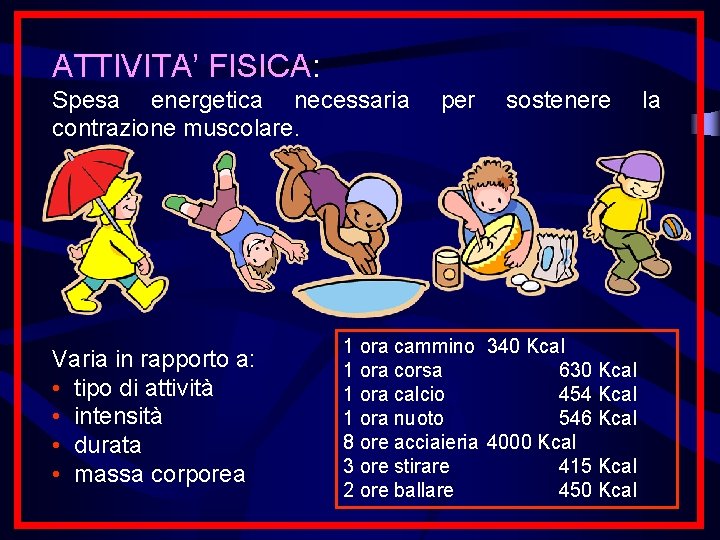 ATTIVITA’ FISICA: Spesa energetica necessaria contrazione muscolare. Varia in rapporto a: • tipo di