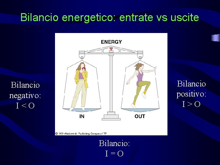 Bilancio energetico: entrate vs uscite Bilancio positivo: I>O Bilancio negativo: I<O Bilancio: I=O 