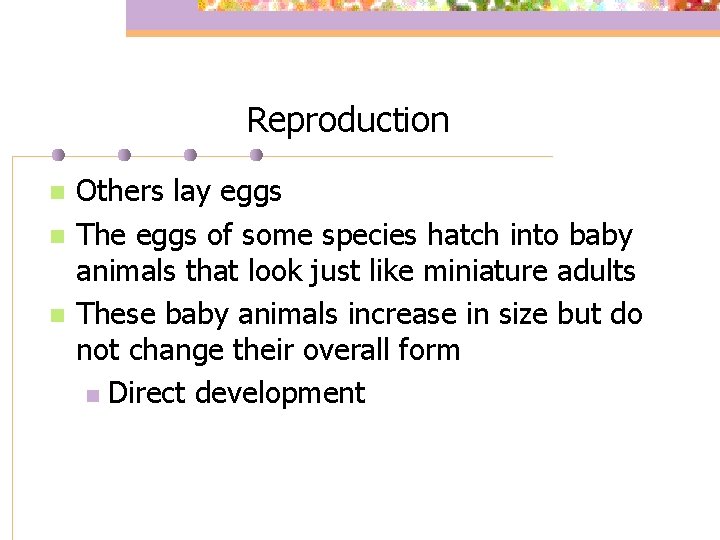 Reproduction n Others lay eggs The eggs of some species hatch into baby animals