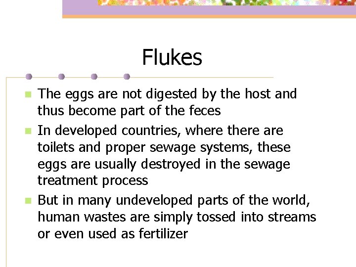 Flukes n n n The eggs are not digested by the host and thus