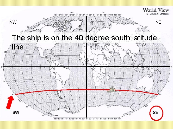 NW NE The ship is on the 40 degree south latitude line. SW SE