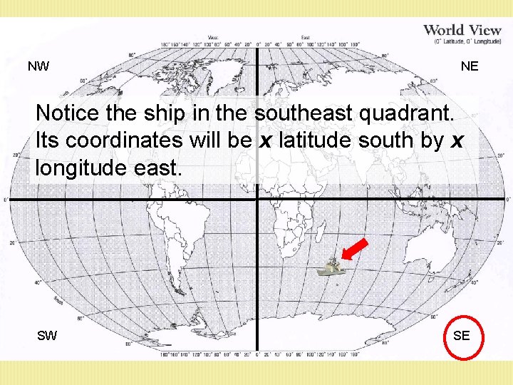NW NE Notice the ship in the southeast quadrant. Its coordinates will be x