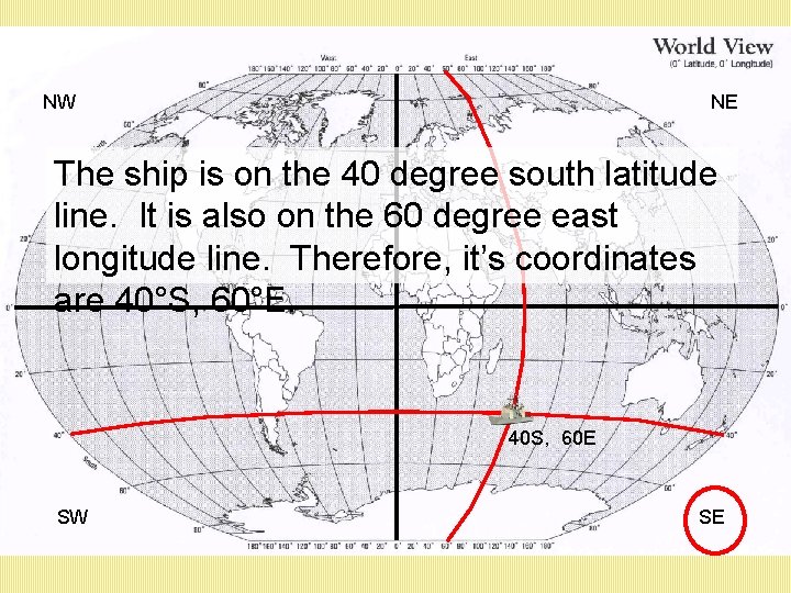 NW NE The ship is on the 40 degree south latitude line. It is